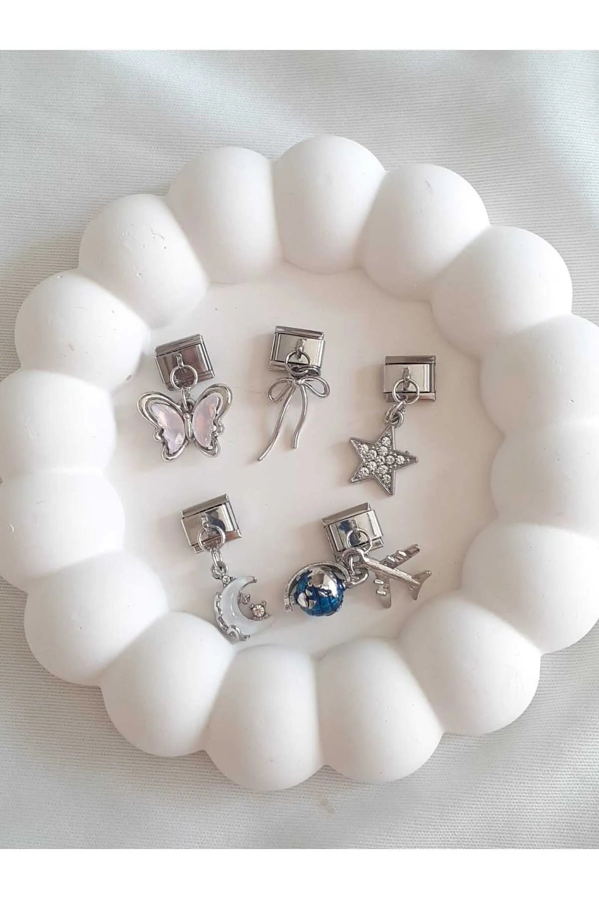 Çelik Kelebek&Yıldız&Ay&Dünya&Fiyonk Figürlü 5'li İtalyan Charm