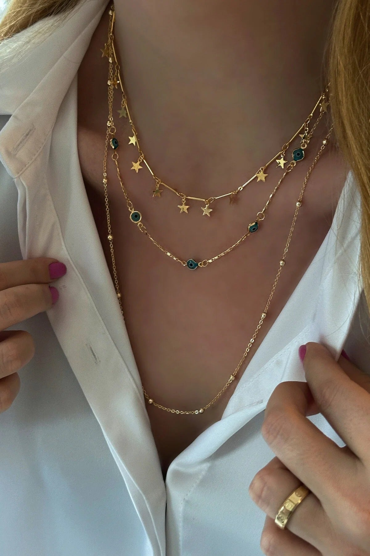 Üçlü Top Zincir, Nazar Ve Yıldız Detaylı Tek Kolye