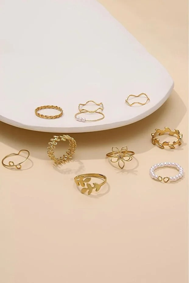 LevraShop 10'lu Kombin Eklem Gold İncili Yüzük Set