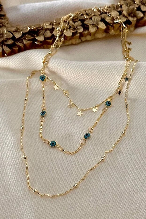 Üçlü Top Zincir, Nazar Ve Yıldız Detaylı Tek Kolye