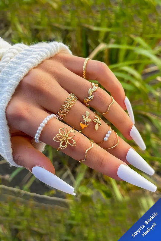 LevraShop 10'lu Kombin Eklem Gold İncili Yüzük Set