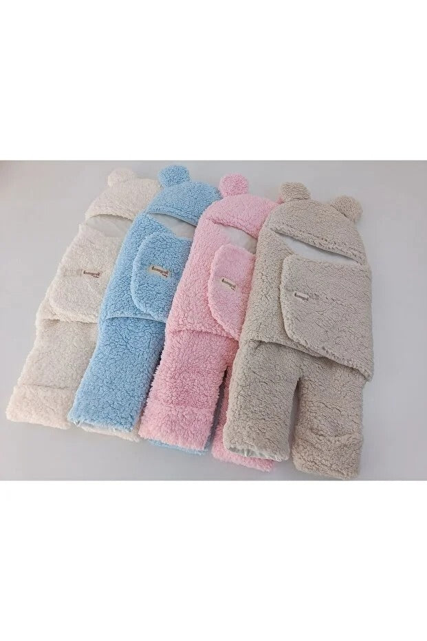 0-12 Ay İçi Elyaflı Peluş Welsoft Kulaklı Vizon Dış Bebek Kundak & Battaniyesi Kışlık Uyku Tulumu