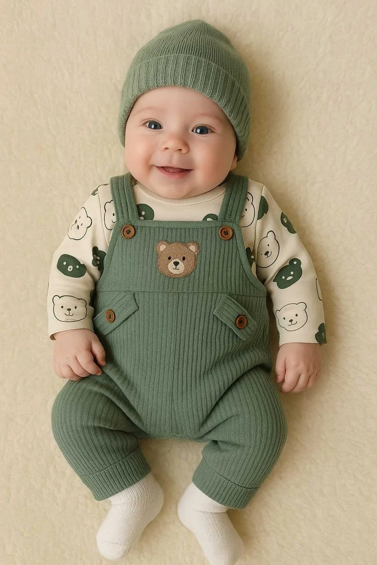 Bebek Erkek 3'lü Tulum Takımı Salopet Ve Çorap Seti Ayıcık Desenli Badi Ayı Nakışlı Pamuklu Unısex