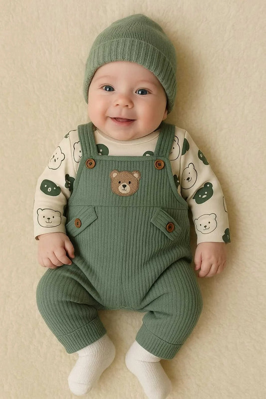 Bebek Erkek 3'lü Tulum Takımı Salopet Ve Çorap Seti Ayıcık Desenli Badi Ayı Nakışlı Pamuklu Unısex