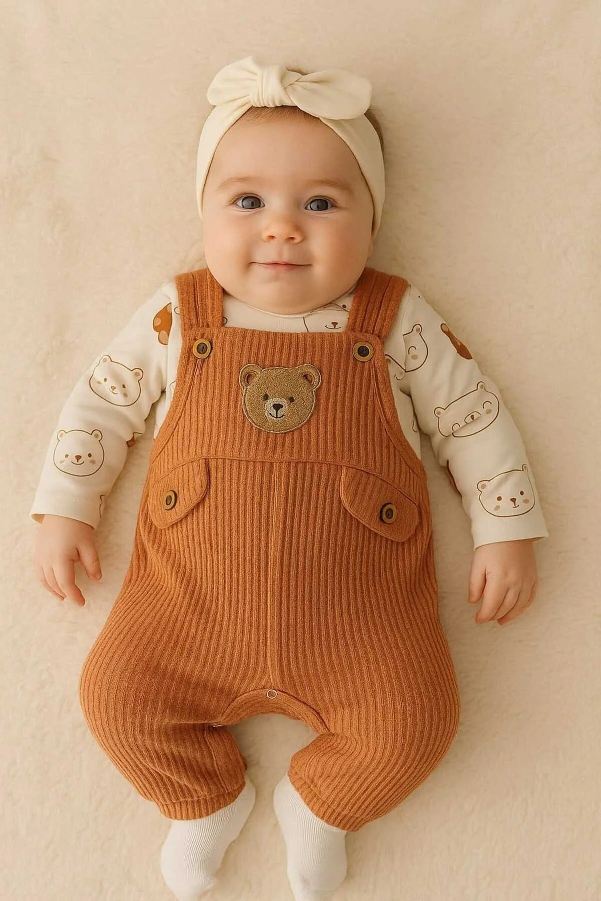 Bebek Erkek 3'lü Tulum Takımı Salopet Ve Çorap Seti Ayıcık Desenli Badi Ayı Nakışlı Pamuklu Unısex