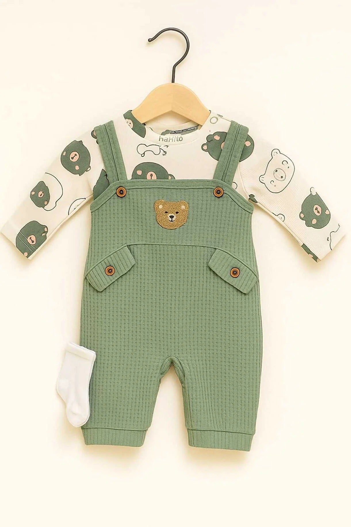 Bebek Erkek 3'lü Tulum Takımı Salopet Ve Çorap Seti Ayıcık Desenli Badi Ayı Nakışlı Pamuklu Unısex