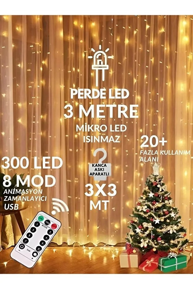 300 Ledli 10 Sarkıt Perde Led Işık-8 Fonksiyon, Uzaktan Kumandalı, 3x3 Metre