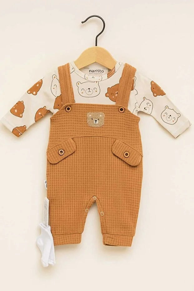 Bebek Erkek 3'lü Tulum Takımı Salopet Ve Çorap Seti Ayıcık Desenli Badi Ayı Nakışlı Pamuklu Unısex