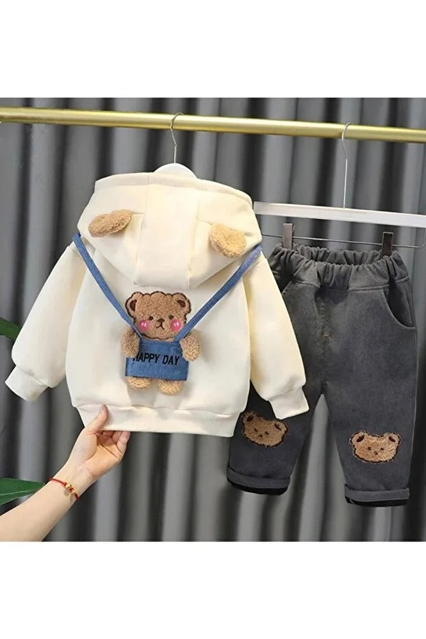Toy Ayı Görselli Kapşonlu Zarif Bebek Takım