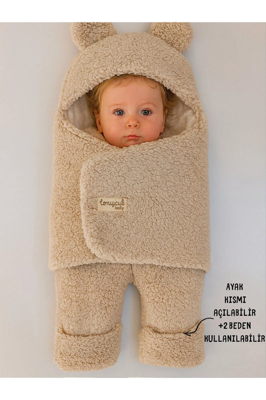 0-12 Ay İçi Elyaflı Peluş Welsoft Kulaklı Vizon Dış Bebek Kundak & Battaniyesi Kışlık Uyku Tulumu