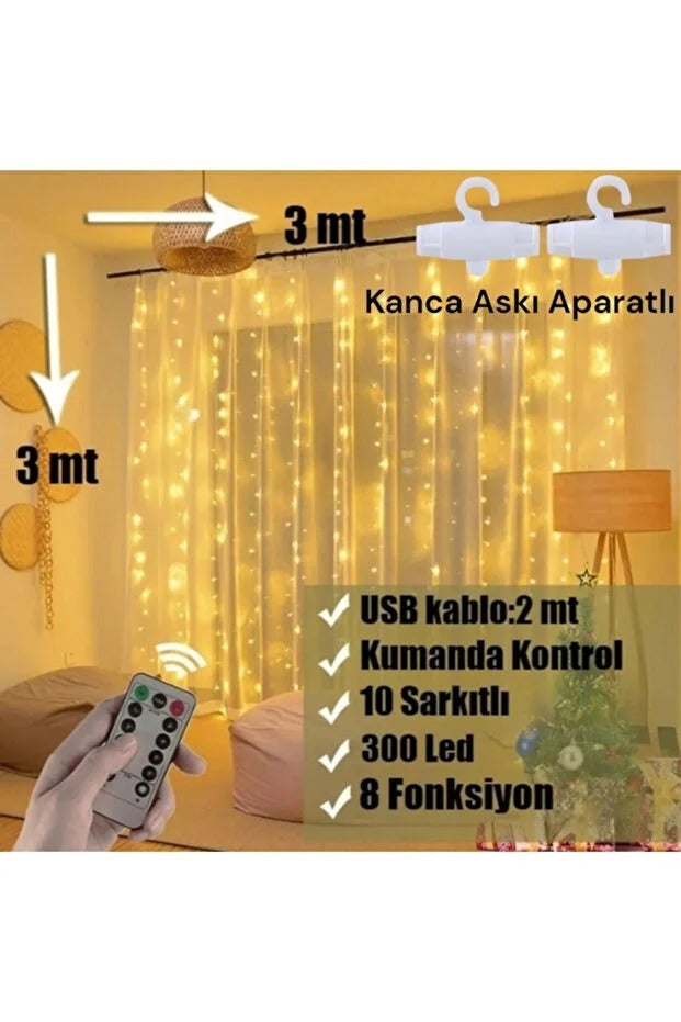 300 Ledli 10 Sarkıt Perde Led Işık-8 Fonksiyon, Uzaktan Kumandalı, 3x3 Metre