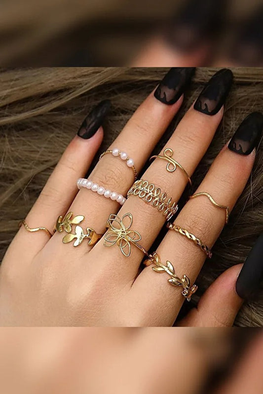 LevraShop 10'lu Kombin Eklem Gold İncili Yüzük Set