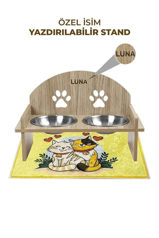 hşap Özel Isim Baskılı, Oval Kedi Köpek Mama Su Kabı Standı, Metal Suluk, Kedi Köpek Halısı