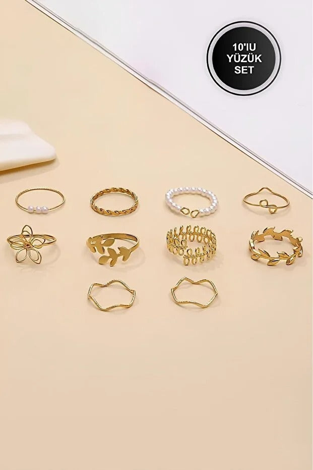 LevraShop 10'lu Kombin Eklem Gold İncili Yüzük Set