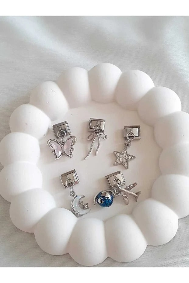 Çelik Kelebek&Yıldız&Ay&Dünya&Fiyonk Figürlü 5'li İtalyan Charm