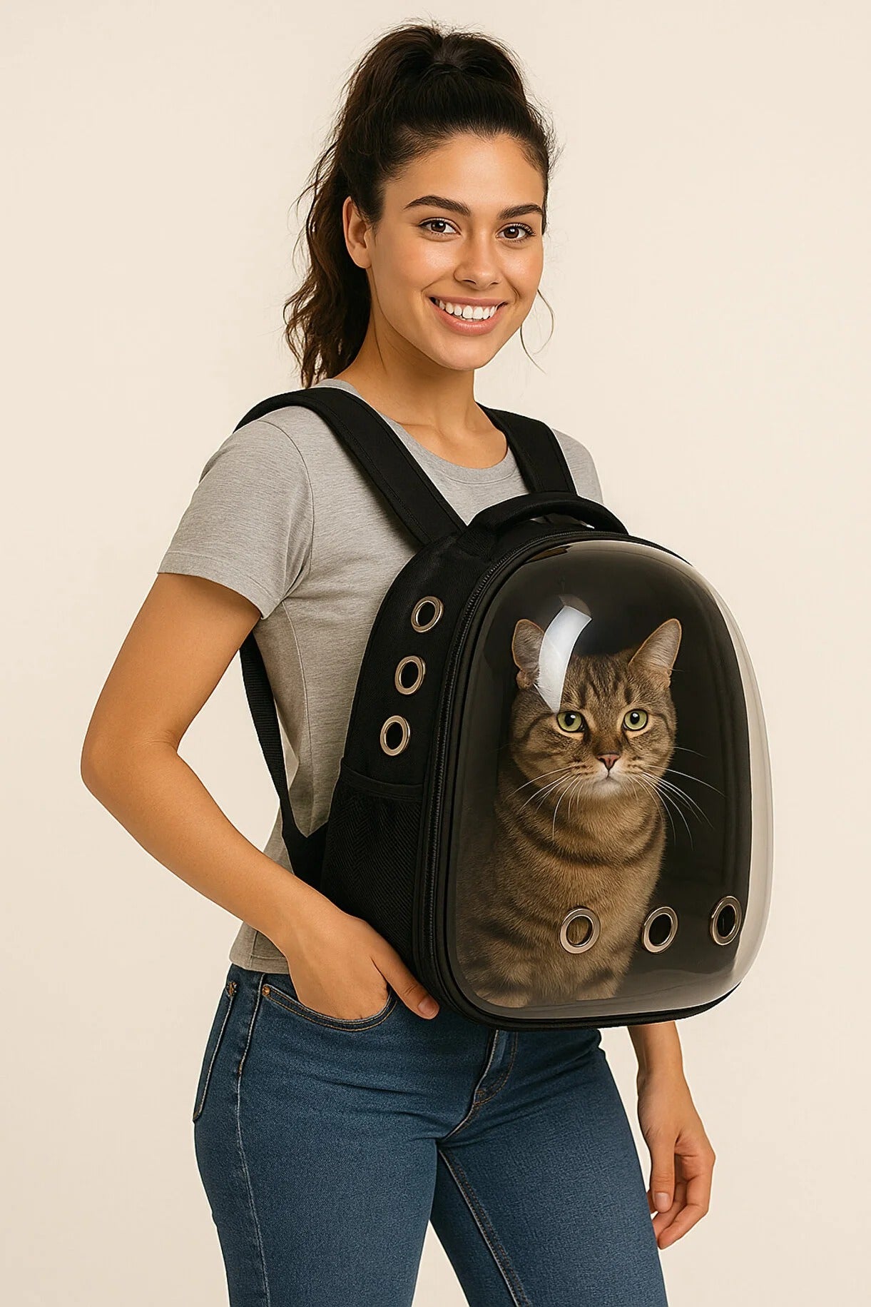 Astronot Şeffaf Pencereli Kedi Taşıma Sırt Çantası – Uçak, Kabin Uyumlu, 9 Hava Kanallı, Konforlu