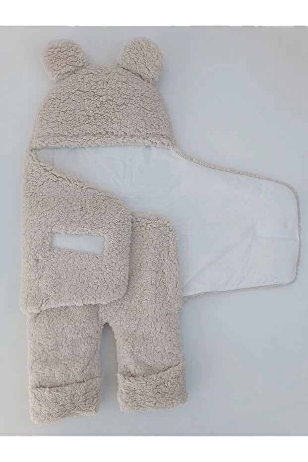 0-12 Ay İçi Elyaflı Peluş Welsoft Kulaklı Vizon Dış Bebek Kundak & Battaniyesi Kışlık Uyku Tulumu