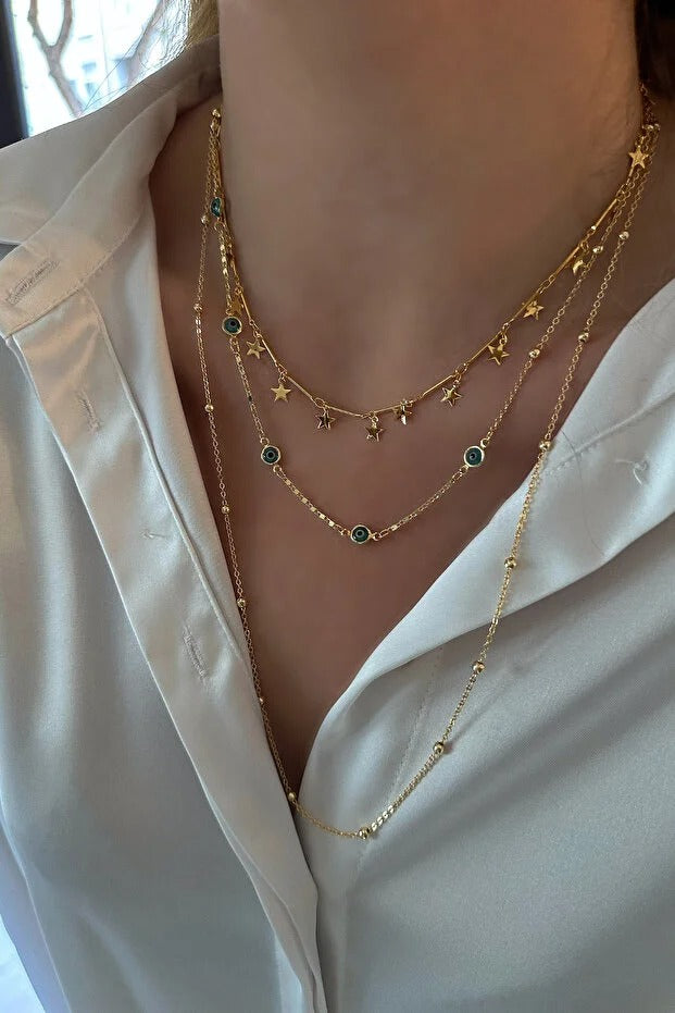 Üçlü Top Zincir, Nazar Ve Yıldız Detaylı Tek Kolye